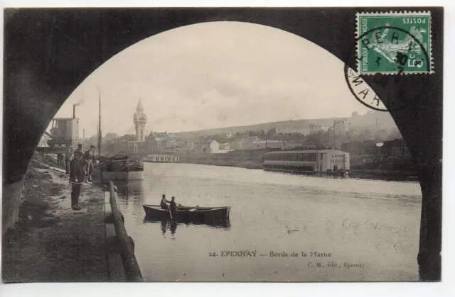 EPERNAY - Marne - CPA 51 - Péniches - Bords de Marne - Lavoir Parisien - pont