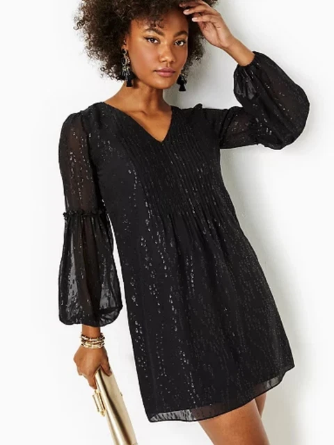 LILLY PULITZER CLEME Silk Dress Size 12 Black Metallic Details NWT