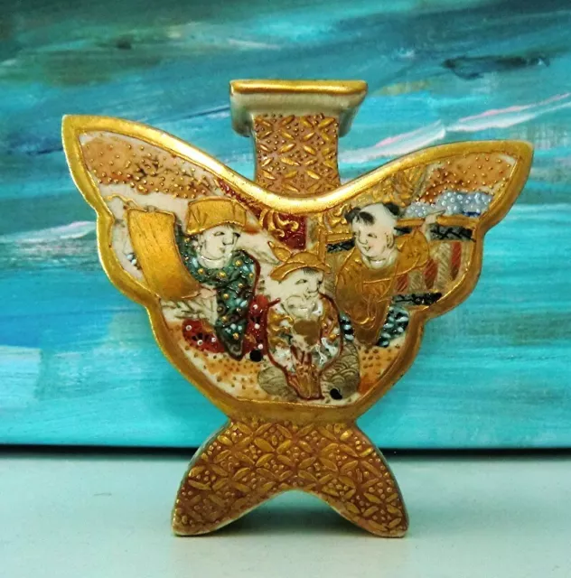 Antique Japanese Satsuma Butterfly Shape Vase w Gilt & Figures