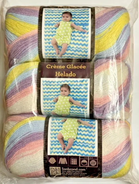 Lion Brand 923-201 ICE CREAM Yarn-Cotton Candy 3-Pack Striping Acrylic Lot 0816