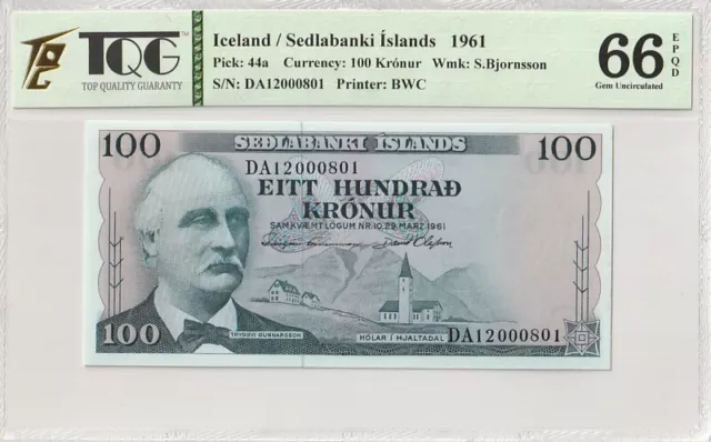 1961 Iceland 100 Kronur Pick#44a  66  PPQ Gem UNC