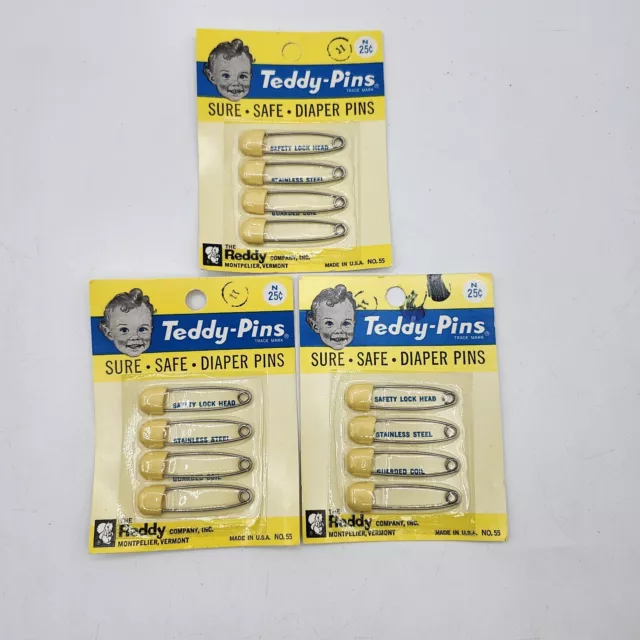 3  VINTAGE Reddy NEW BABY NOVELTY  DIAPER PINS YELLOW