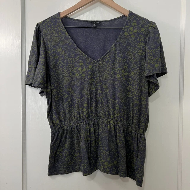 Lucky Brand Women's Short Sleeve V-Neck Smocked Waist Top Green Blue - Size L