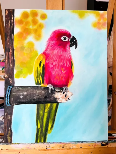 Papageienvogel Wildlife original Ölgemälde Leinwand rosa hell bunt Kunstverkauf