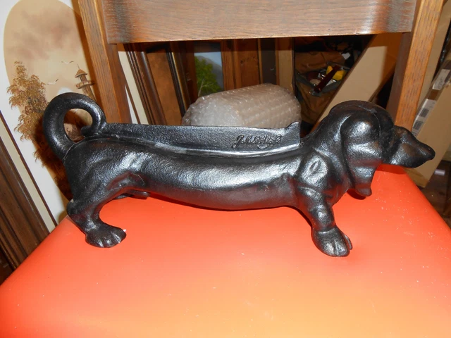 Vintage signed, John Wright cast iron Dachshund door stop/boot scraper