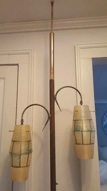 Vtg Mid Century 2 Shade/Light Floor Tension Pole Lamp