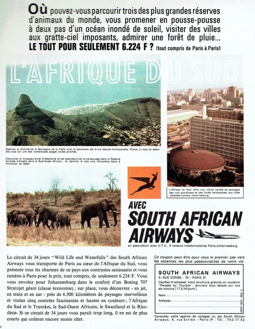 Publicité Advertising  0822 1967   South African Airways  cie aérienne Johannesb