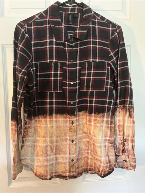 Womens Bleached Upcycled Distressed Flannel Shirt Navy Plaid, Juniors Medium