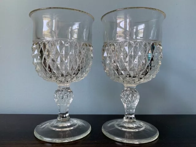 6 Indiana Glass Diamond Point Clear Wine Water Goblets Vintage