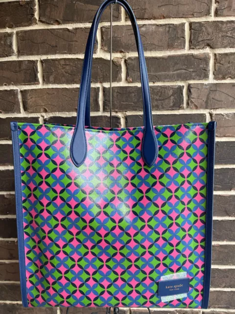 NWT kate spade Gotham Patio Tile Printed Large Canvas Tote XL Pink Cloud green