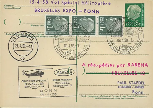 SARRE 1958 Vol Hélicoptère SABENA Bruxelles-Bonn TYPE 1