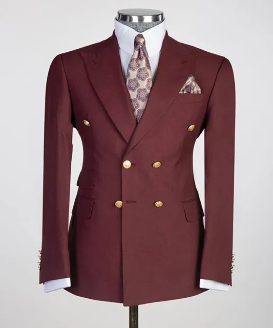 Business Men Suits Slim Fit Blazer Coat Peak Lapel Double Breasted Double Vents