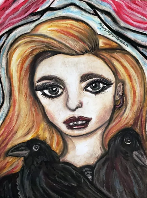 Girl with Crows 13 x 19 Gothic Art Print Signed by Artist KSams 90s Goth