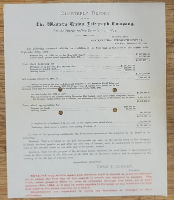 1894 Quarterly Report New York City Western Union Telegraph Company