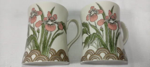 Vintage Porcelain Fitz Floyd Pink Water Iris Coffee Tea Cups Mugs 1978 Set of 2