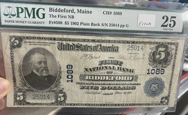 pmg biddeford maine the first nb fr#598 $5 1902 plain back sn 25014. pp G