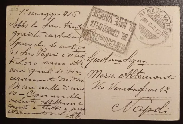 1916 Regia Nave Varese + censura su cartolina in franchigia postale