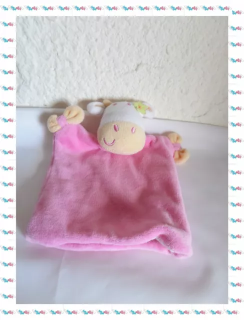F - Doudou Semi Plat Marionnette Vache Rose Blanche Orange Siplec
