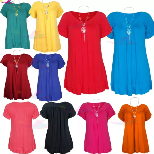 Women FRILL NECKLACE GYPSY Tunic Short Sleeve Long ladies V Neck Tops Size 12-18