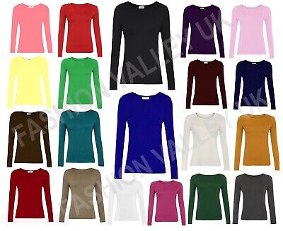Women Plain Tee T Shirt Top Ladies Stretch Round Neck Basic Long Sleeve Top 8-26