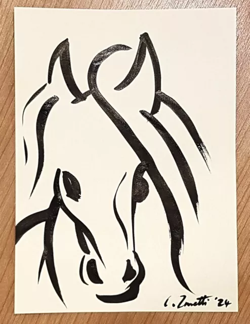 CHRIS ZANETTI Original Ink Sketch Drawing HORSE Equestrian Art 8"x6" Signed COA