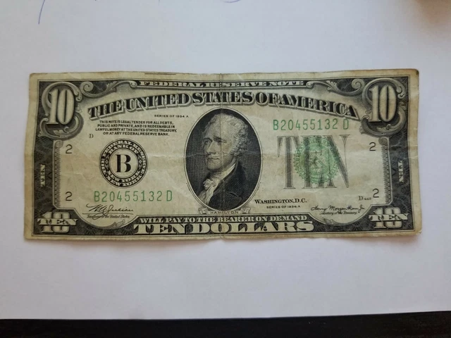 Us 1934-A $10 Ten Dollar Bill Federal Reserve Note - Vf