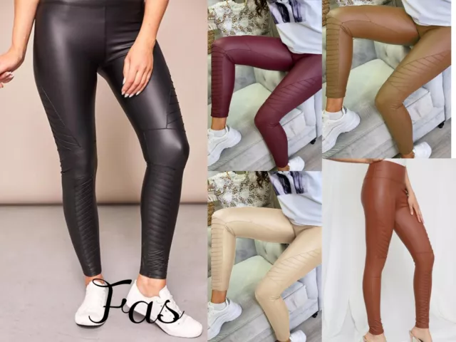 Women Ladies PU High Waist Biker Leggings Skinny Faux Wet Look Pants New Trouser