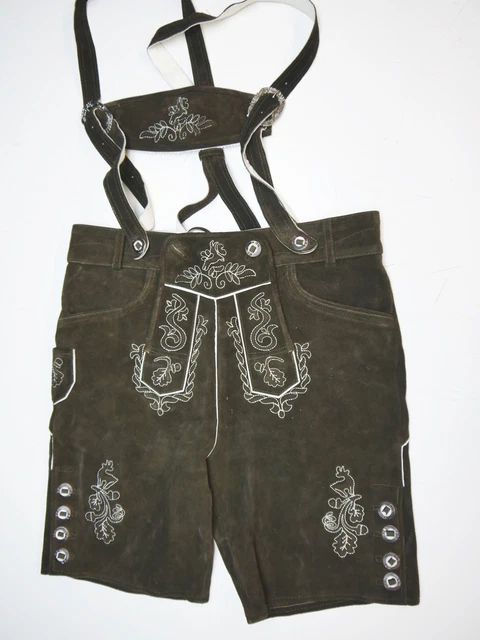 Pantaloni in pelle spalline corte con ricamo e autografi come trofei marrone taglia 52