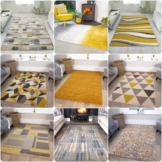 Ochre Mustard Living Room Rug Soft Warm Yellow Grey Geometric Rugs Best Rugs UK