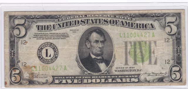 $5 1934 Federal Reserve Note San Francisco (12-L) Light Green Seal L11004427A