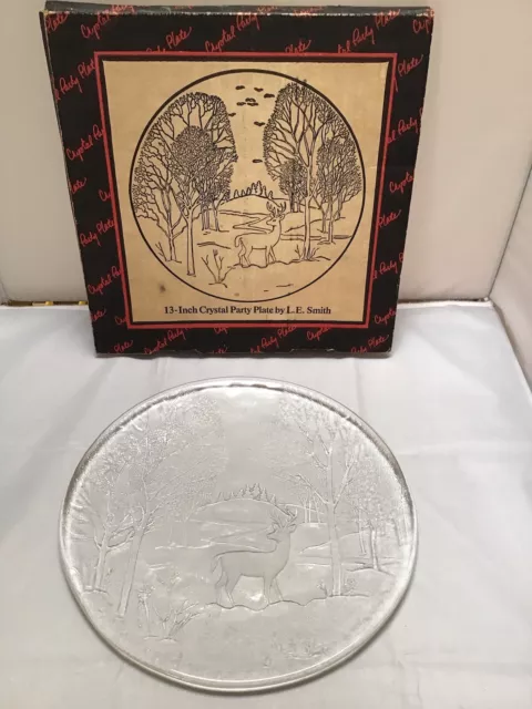 LE Smith Crystal Deer Scene Frosted/Clear Glass 13" Party Platter #1456