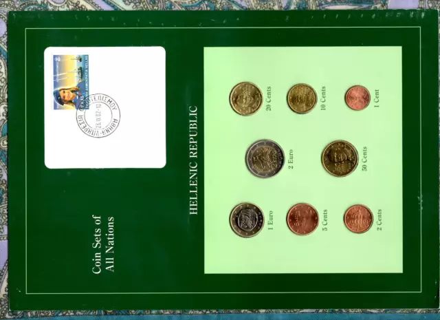 Coin Sets of All Nations Greece 2002 UNC 2,1 EURO 50,20,10,5,2,1 Cents