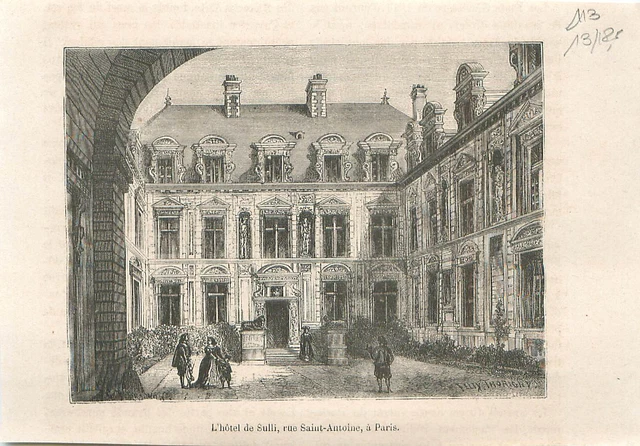 Façade sur cour de l'hôtel de Sully style Louis XIII à Paris rue  GRAVURE 1883