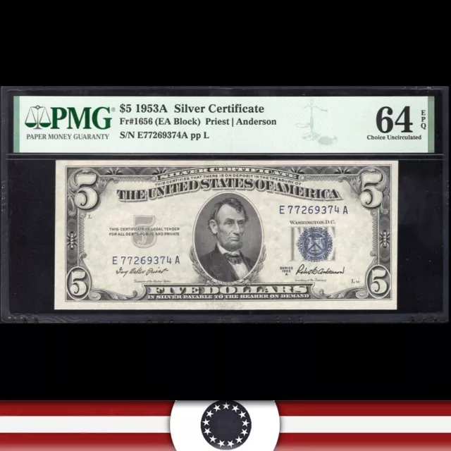 1953-A $5 SILVER CERTIFICATE *E-A Block* PMG 64 EPQ Fr 1656 69374