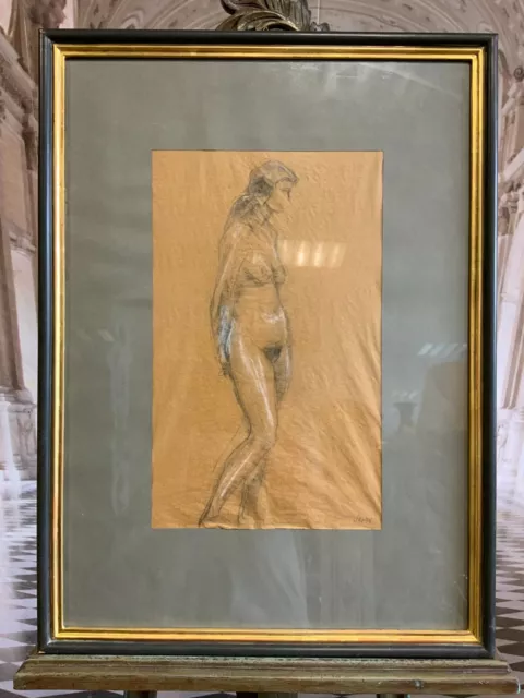 ZEICHNUNG EROTIK STEHENDER AKT SEHR GUT GERAHMT GESAMT 55x76cm