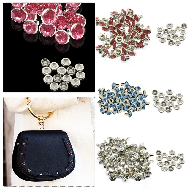 QUARKZMAN 100pz Rivetti In Strass Argento,Rivetti Pelle Borchie Cristallo Piedini Metallo Con Doppio Tappo Strass Perno Artigianali Per Borse Vestiti Scarpe Cinture Fai Da Te 6mm/0,24