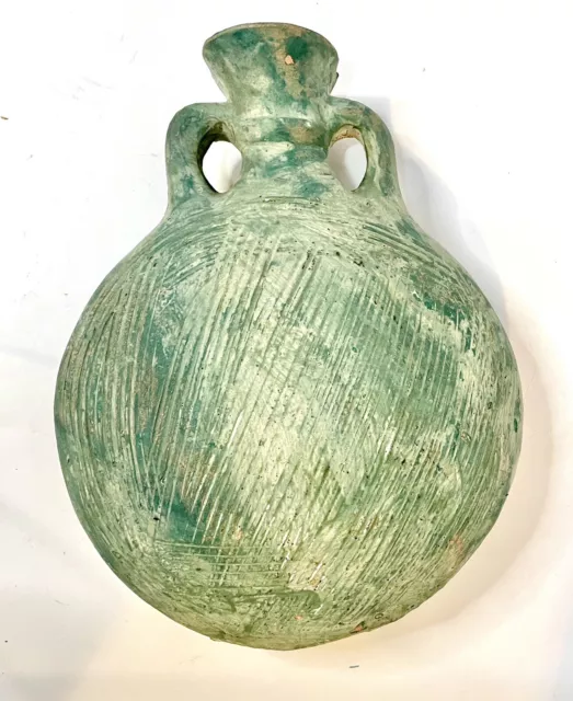 Ancient Pottery Large Heavy Primitive Clay Round Flask Green Glaze Slash Marks