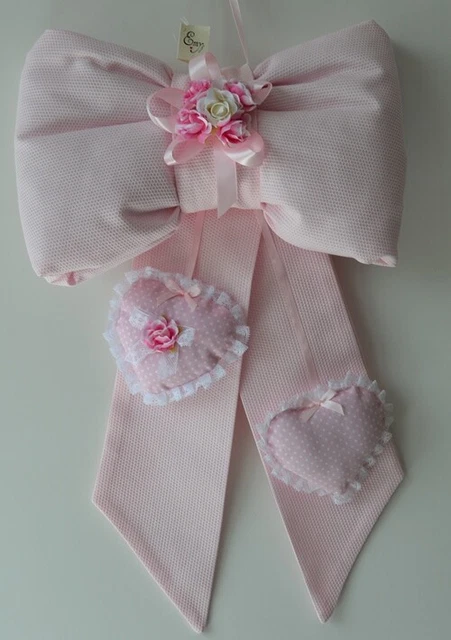 Fiocco Per La Nascita Colore Rosa Con Cuori In Cotone Piquet  Art Ramona