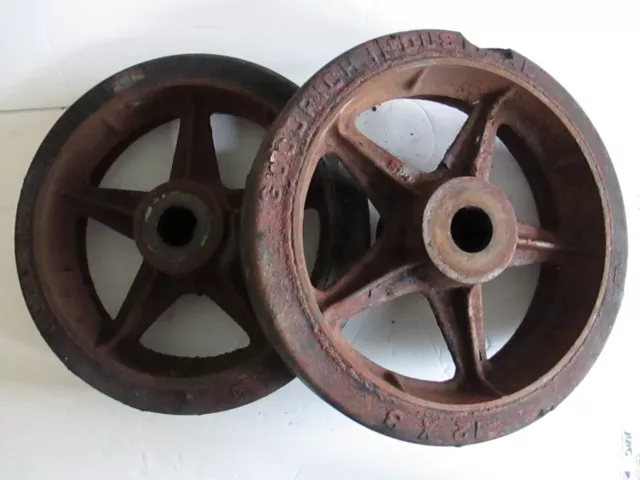 Vtg PAIR antique cast iron factory cart mine railroad farm 12" wheel caster BP04