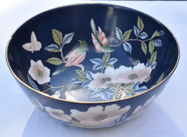 Vintage Chinese Hand Painted Bowl Large 10" Porcelain Bowl w Floral & Bird Motif