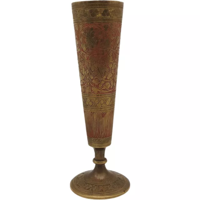 Etched Solid Brass Vase - 8" Tall vtg Gold Red Floral Ornate Metal India