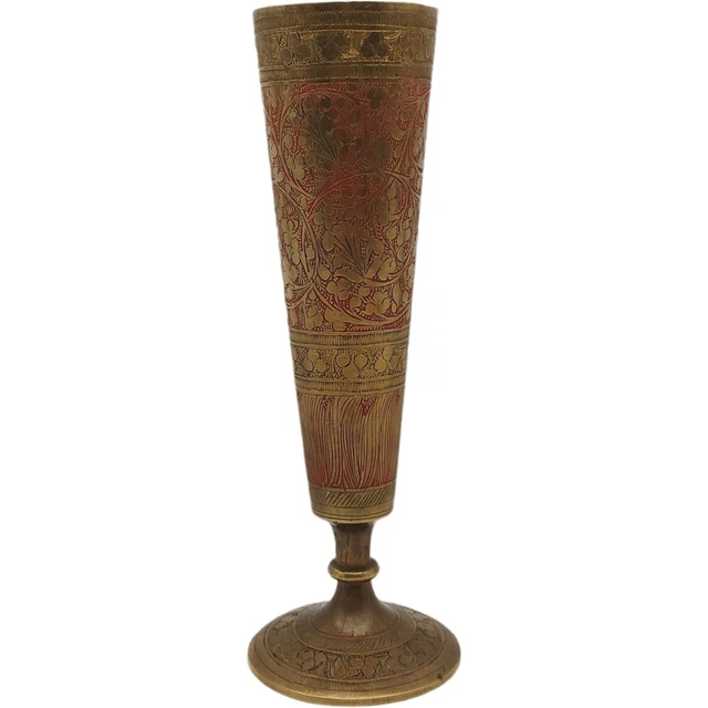 Etched Solid Brass Vase - 8" Tall vtg Gold Red Floral Ornate Metal India