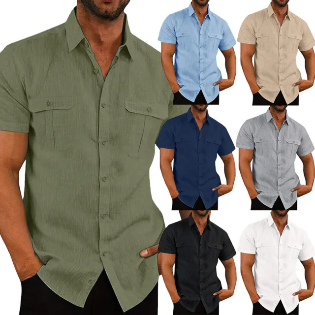 Men Casual Solid Color Pocket Short Sleeve Blouse Turn-Down Collar Shirt Tops