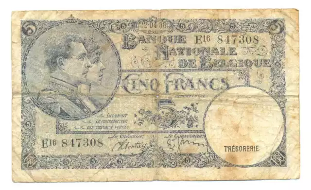 Belgium Kingdom Banque Nationale de Belgique 5 Francs 22.4. 1938 F Pick #108a