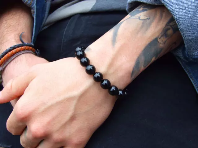 Bracciale NERO Perle lucide 8mm braccialetto palline nere da Uomo Donna elastico