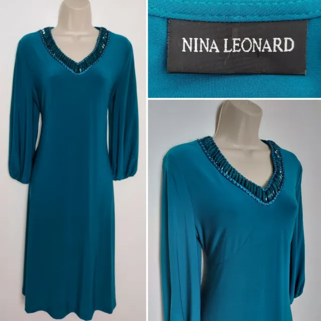 NINA LEONARD TEAL Green Beaded Embellished Neckline Floaty Swing Flared  Dress £22.00 - PicClick UK