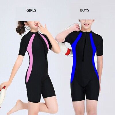 Girls Boys Swimsuit Short Sleeve Diving Suit One Piece Swimming Costume for 7-17