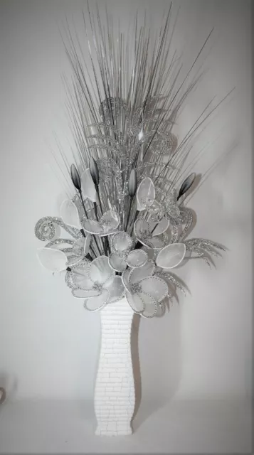 Large Artificial Flowers Silver White Glitter Arrangement Ivory Gold Vase 75cm..