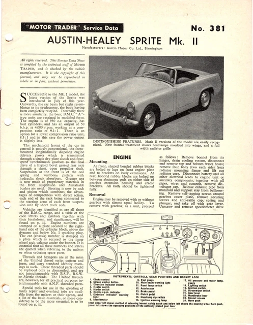 AUSTIN HEALEY SPRITE Mk.11 1961 Motor Trader Service Data Sheet No. 381 ...
