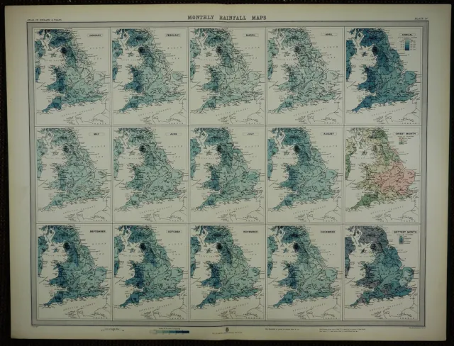 1903 Antique Map ~ England & Wales Monthly Rainfall Annual Driest Wettest